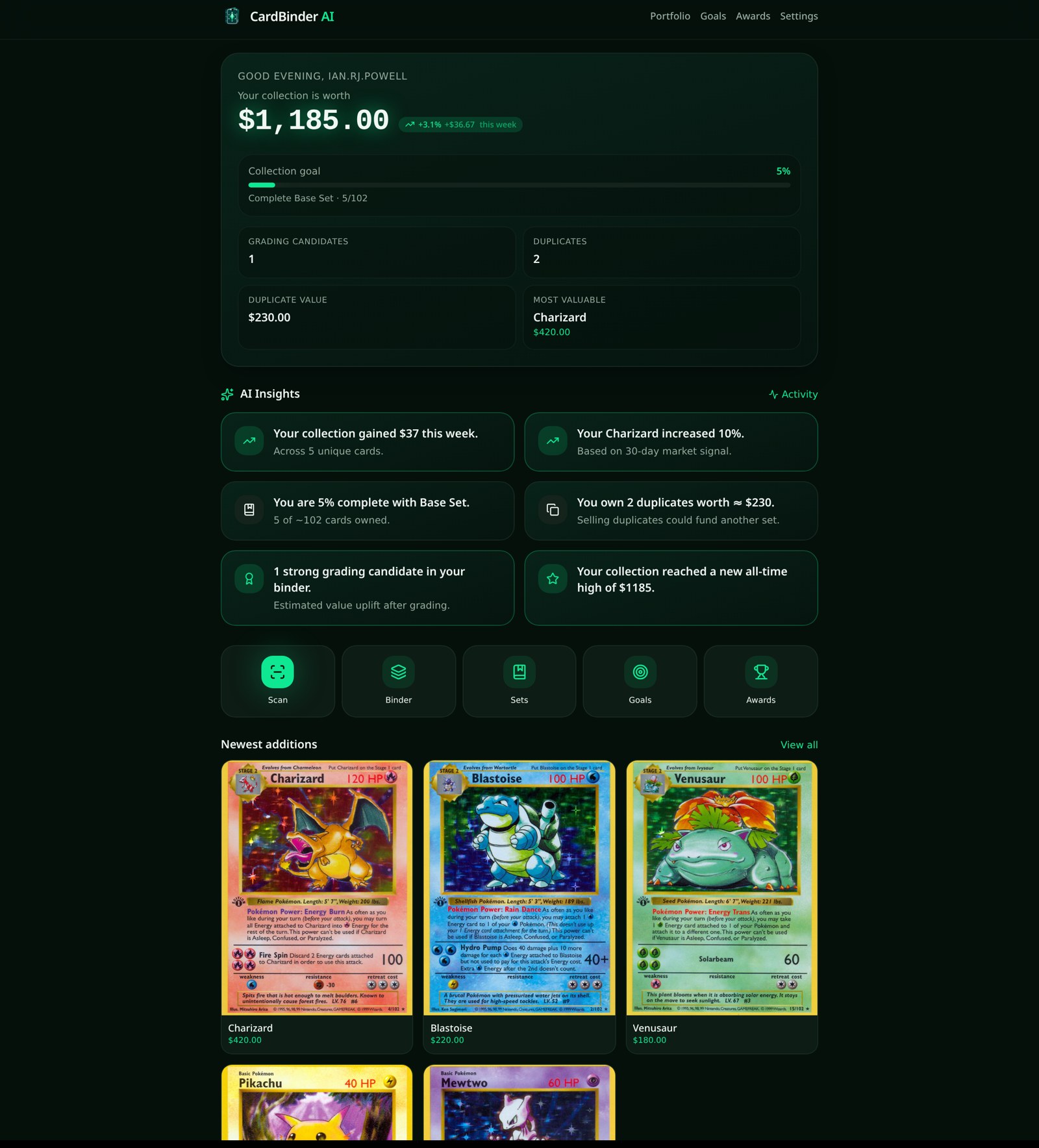CardBinder AI dashboard with a $1,185 portfolio, AI insights, and a Base Set Charizard, Blastoise, Venusaur and Pikachu